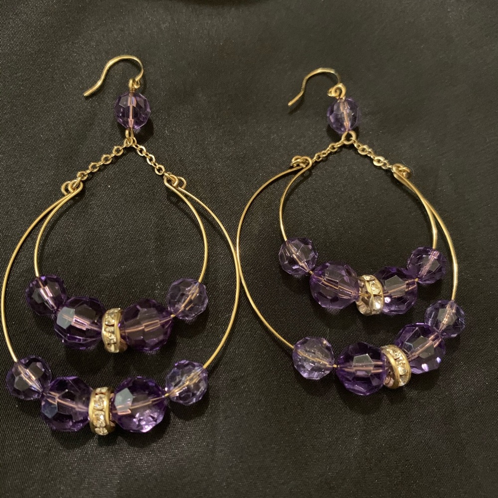 Purple glass bead and rhinestone earrings.